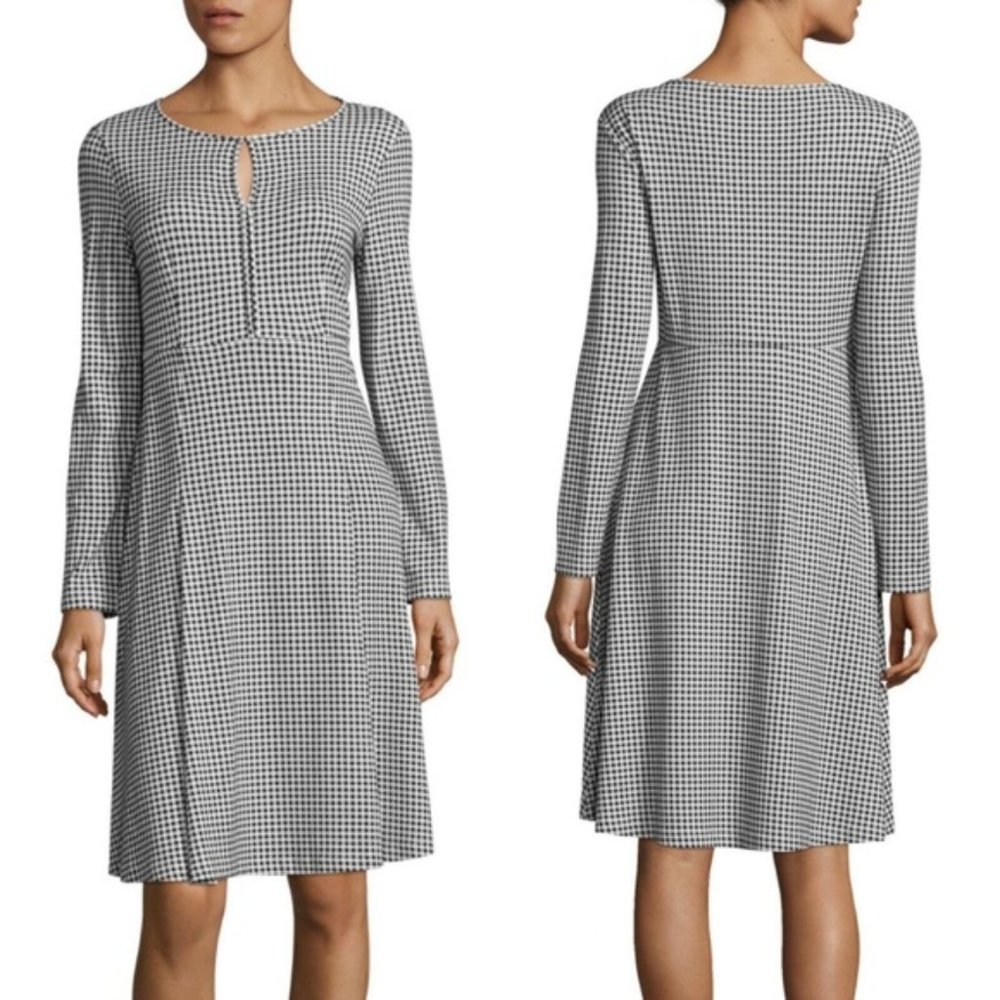 Max Mara Weekend Urbana Flare Dress Grey Gingham Check Plaid Keyhole Long Sleeve